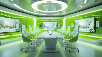 A futuristic conference room in radiant lime green, featuring an empty white frame against a backdrop of sleek, high-tech design elements.