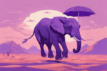 Abstract nature concept of a surreal flying elephant that is the color purple or violet. The wildlife animal uses an umbrella to fly above a desolate desert