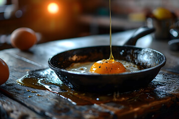 cooking scrambled eggs in a frying pan. kitchen and food.