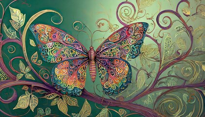 a colorful butterfly perched on a stylized branch adorned with intricate patterns. The composition exudes sophistication and charm, making it a timeless piece of art
