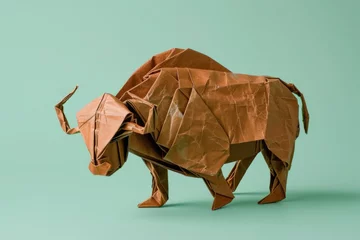 Poster origami Buffalo on pastel green background © wanna