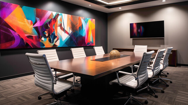 A fusion of artistry and functionality in a modern meeting room featuring abstract artwork, innovative seating options, and smart technology integrated throughout the space, optimizing productivity.