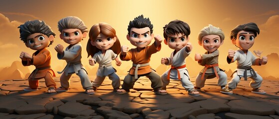 Happy 3D cartoon martial artists demonstrating high kicks with a backdrop of traditional dojos under the sun  isolated on white background - obrazy, fototapety, plakaty