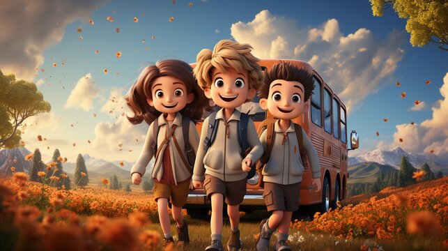 Joyful 3D cartoon school kids on a field trip bus and landmarks