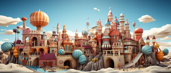 A 3D cartoon carnival with happy characters and colorful rides - obrazy, fototapety, plakaty