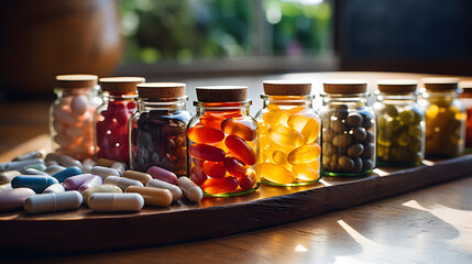 set of different medical capsules with vitamins and medicines. pharmacology and medicine - obrazy, fototapety, plakaty