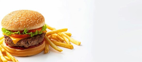 Mock up burger and fries on white background with space for text and logo, including clipping path.