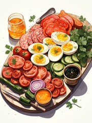 A plate of food with a variety of vegetables and meats, including tomatoes