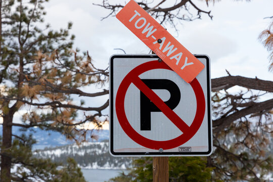 No Parking -- Tow Away Zone sign in mountain environment.  