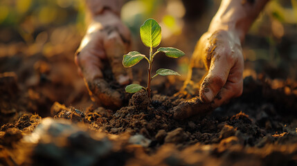 Hands of a farmer planting a young plant in the soil.