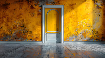 A solitary yellow door offers a pop of color against the vibrant, grungy orange wall, giving a modern twist to an aged look