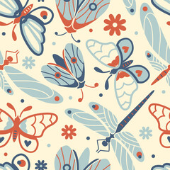 Bohemian spring aesthetic. Ethereal vector pattern. Moths and butterflies. Spring garden aesthetic. Limited palette design for versatile use on fabric or as backdrop. Vintage mystical, sacred vibes.