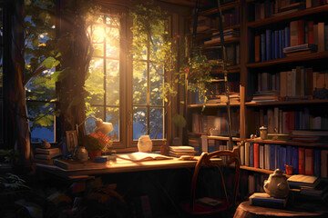 A cozy nook with a compact computer station, nestled amidst bookshelves filled with novels and bathed in soft, diffused light from a nearby window. - obrazy, fototapety, plakaty