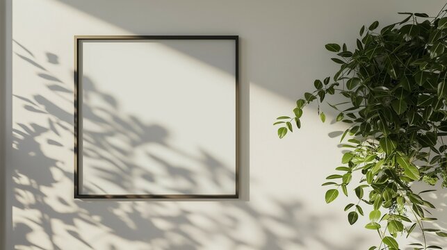 High quality wall art frame mockup. White wall frame close-up. Nature-friendly interior design