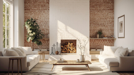 A cozy living room with a minimalist white frame above a brick fireplace, sunlight streaming in.