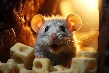 The hamster mouse gnaws and eats cheese. rodents and pests. fauna and biology