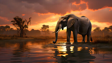 Fototapeta na wymiar two African elephants walk along the savannah against the backdrop of sunset. mammals and wildlife