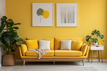A cozy living area with a pop of sunny yellow, featuring an empty white frame against a background...