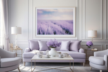 A cozy living area in vibrant lavender hues, accentuating an empty white frame amidst plush seating...