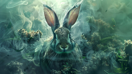 Illustration, hare in a field with hemp, smoke around it - obrazy, fototapety, plakaty
