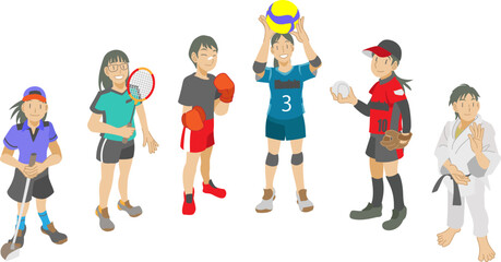 色々なスポーツを楽しむ少女たちのイラスト