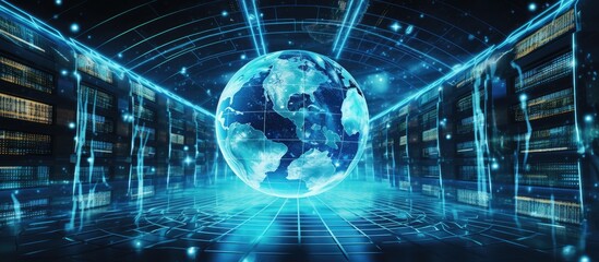 A computer generated image of the world globe in a data center, showcasing symmetry and art in electric blue colors. It represents the intersection of science, space, engineering, and darkness
