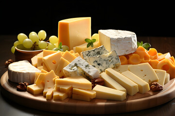 assortment of different types of sliced ​​cheeses on the table. tasty and healthy food