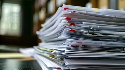 A stack of legal documents sits on a desk ready to be processed for a business contract.