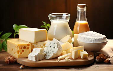 assortment of different types of cheeses and milk on the table. tasty and healthy food
