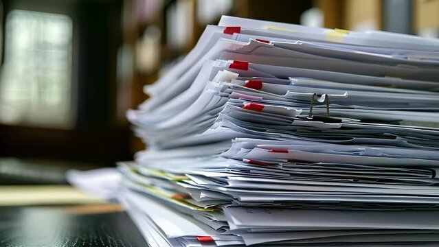 A stack of legal documents sits on a desk ready to be processed for a business contract.