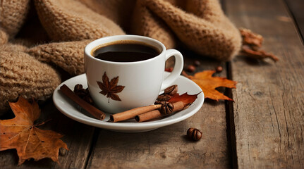 a cup of cappuccino with cinnamon on the table on autumn background.generative.ai