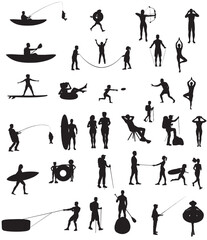 Fototapeta na wymiar summer holiday activities silhouette. Collection of people enjoying summer vacation. 