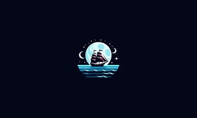 ship on sea night moon vector logo design - obrazy, fototapety, plakaty