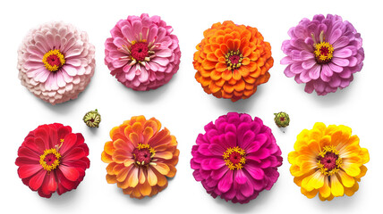 Set of colorful zinnia flowers, and buds, isolated on transparent background - obrazy, fototapety, plakaty