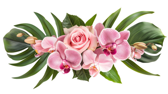 Pink rose and tropical orchid flowers with green leaves floral arrangement, bouquet, isolated on transparent background