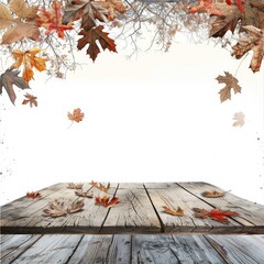 Wooden table top with winter leaves isolated on white background