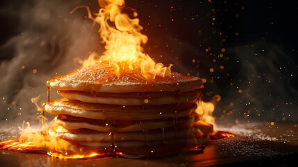 Fiery Pancake Batter Dispenser Igniting with Cinematic Aura on Isolated Background in Photographic Style