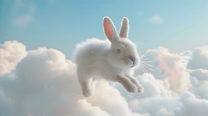 Fluffy White Rabbit Leaping Through Ethereal Clouds in Serene Minimalist Landscape