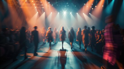 An abstract view of a fashion show with blurred figures under the dramatic lighting, capturing the industry's vibrant energy