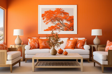 A cozy and vibrant living area in sunset orange tones, accentuating an empty white frame amidst comfortable seating and a cheerful ambiance.