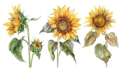 Beautiful floral set with watercolor hand drawn summer wild field sunflowers, isolated on transparent background.