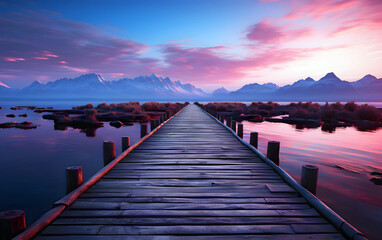 Wooden pier on the lake at sunset. place for fishing and relaxation