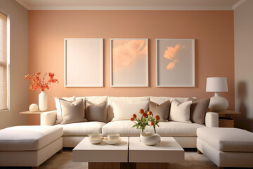 A cozy and inviting living area in warm peach tones, accentuating a blank white frame amidst comfortable seating and soft, ambient lighting.