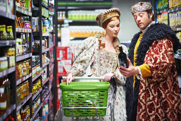 Supermarket, king and queen with wine, decision and costume with conversation and inflation. Royal...