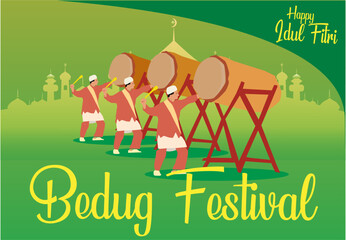vector bedug large drum islamic festival competition celebrating happy idul fitri in asian malay, green background mosque silhouette of people playing loud beating of the bedug in takbir night