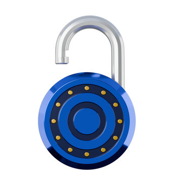 Blue padlock with circular a yellow button 3D realistic render