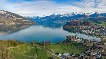 Aerial panorama view of the medieaval castle Spiez on the Thun Lake, Switzerland