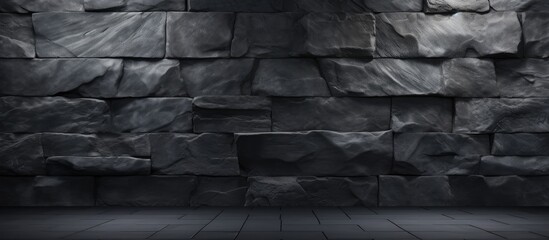 This image features a detailed view of a stone wall against a dark black floor in a close-up shot