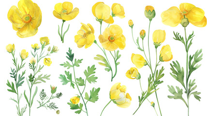 Beautiful floral set with watercolor hand drawn summer wild field buttercup flowers, isolated on transparent background.