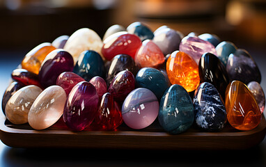 set of different colored smooth gemstones on a plate. geology and minerals